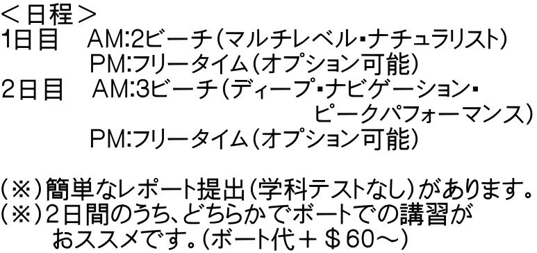 ＜日程＞ １日目　ＡＭ：２ビーチ（マルチレベル・ナチュラリスト）　        ＰＭ：フリータイム（オプション可能） ２日目　ＡＭ：３ビーチ（ディープ・ナビゲーション・                          ピークパフォーマンス） 　　　 ＰＭ：フリータイム（オプション可能）  （※）簡単なレポート提出（学科テストなし）があります。 （※）２日間のうち、どちらかでボートでの講習が     おススメです。（ボート代＋＄６０～）