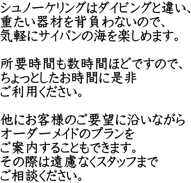 シュノーケリングはダイビングと違い、 重たい器材を背負わないので、 気軽にサイパンの海を楽しめます。  所要時間も数時間ほどですので、 ちょっとしたお時間に是非 ご利用ください。  他にお客様のご要望に沿いながら オーダーメイドのプランを ご案内することもできます。 その際は遠慮なくスタッフまで ご相談ください。