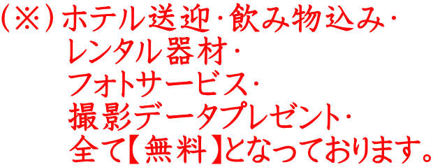 （※）ホテル送迎・飲み物込み・ 　　レンタル器材・ 　　フォトサービス・ 　　撮影データプレゼント・ 　　全て【無料】となっております。